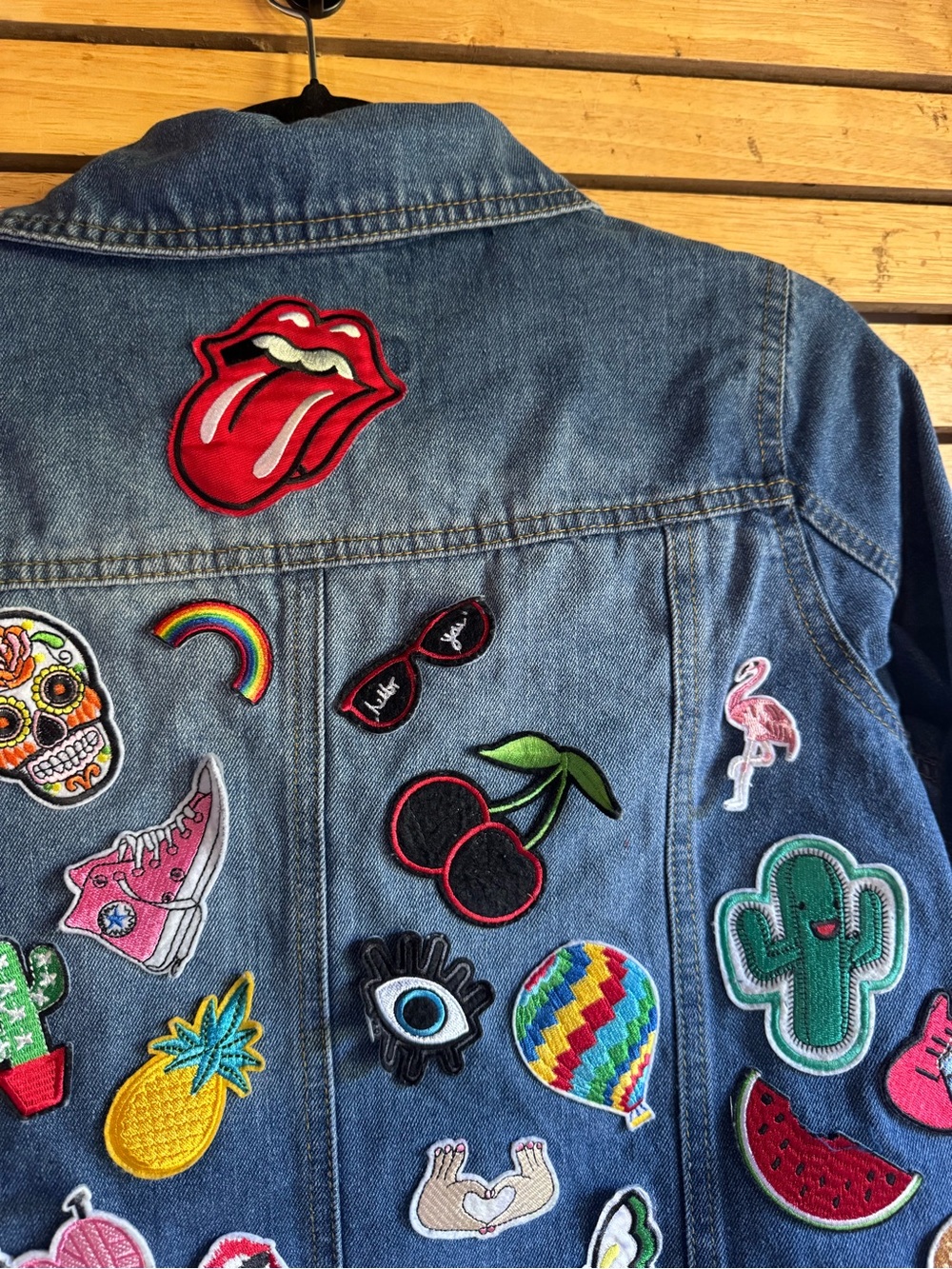 ๐5 for $25๐ Steve Madden Blue Denim Jacket with Multicolor Patchwork - Picture 9 of 9